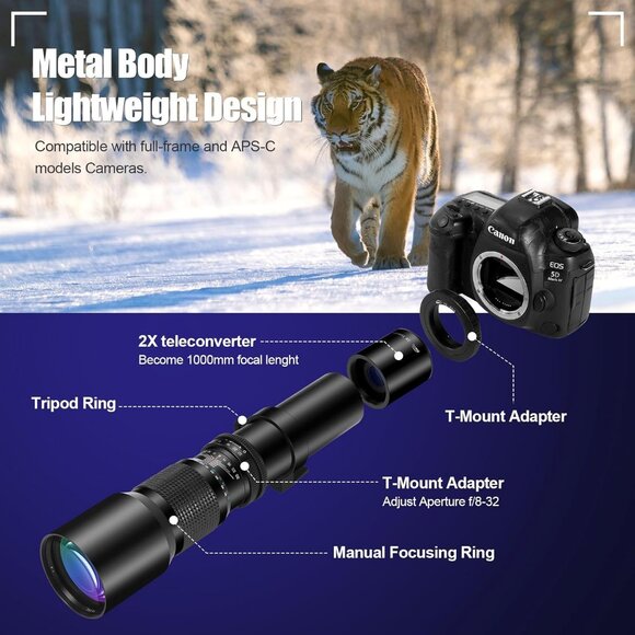 CAMERA ZOOM LENS for Canon DSLR - New - 500 / 1000mm f/8 Manual HD Telephoto - Picture 3 of 8